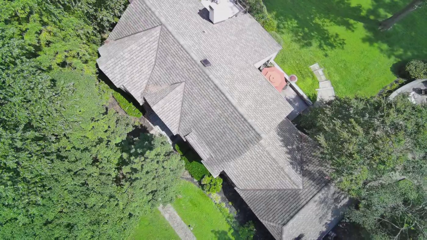 Completed roofing project, aerial view